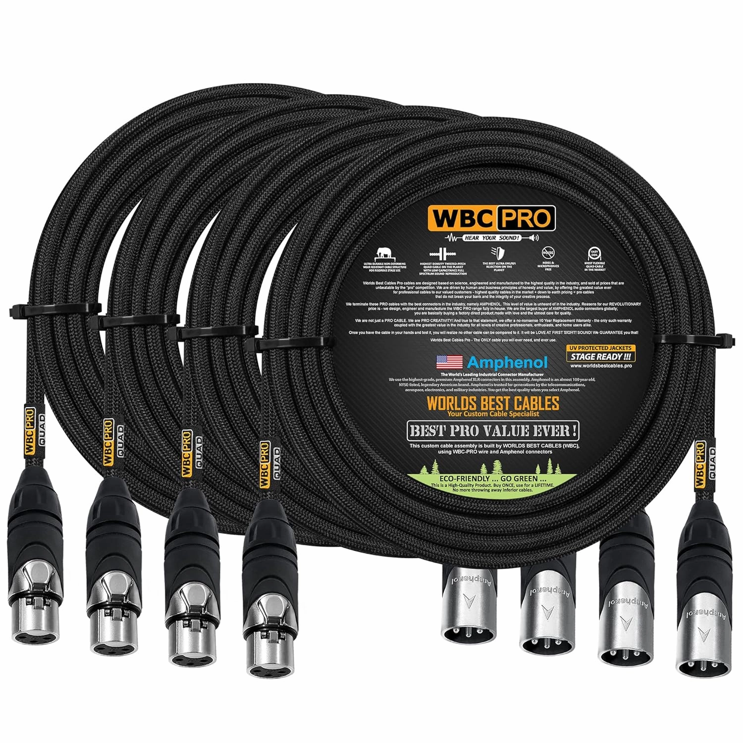 4 Units - 30 Foot - WBC-PRO-Quad Ultra-Silent Ultra-Flexible Balanced Star-Quad Cable with Amphenol Male & Female XLR Plugs & Black Tweed Jacket