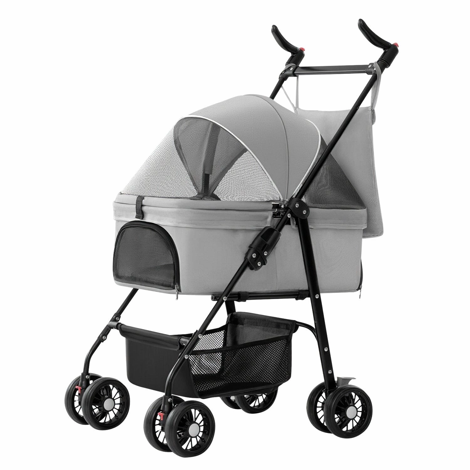 4 Wheels Pet Stroller Foldable with Removable Liner Storage Basket