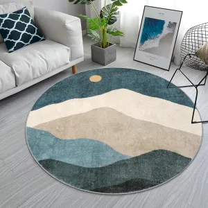 4ft Abstract Round Area Rug,Chic Faux Wool Washable Non-Slip Sun and Mountain Circle Rug,Soft Ultra-Thin Throw Rugs for Living Room/Bedroom/Office/Entryway/Kitchen(Blue)