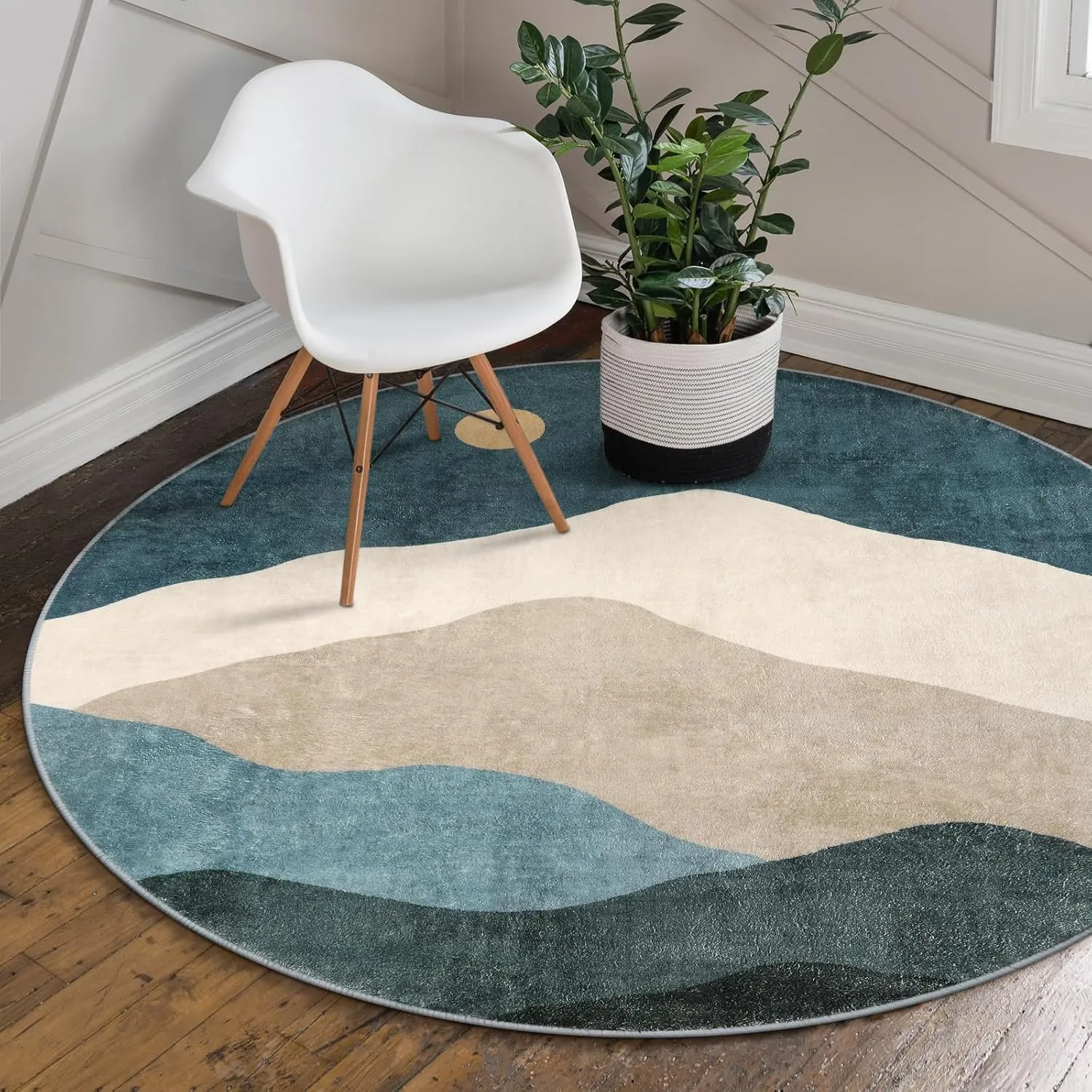 4ft Abstract Round Area Rug,Chic Faux Wool Washable Non-Slip Sun and Mountain Circle Rug,Soft Ultra-Thin Throw Rugs for Living Room/Bedroom/Office/Entryway/Kitchen(Blue)