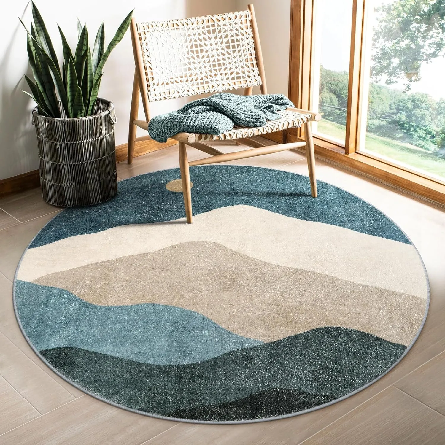 4ft Abstract Round Area Rug,Chic Faux Wool Washable Non-Slip Sun and Mountain Circle Rug,Soft Ultra-Thin Throw Rugs for Living Room/Bedroom/Office/Entryway/Kitchen(Blue)
