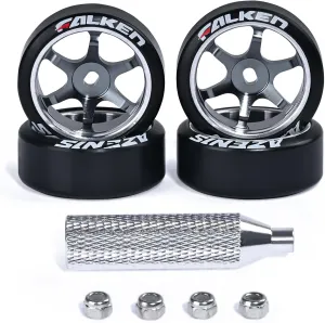 4Pcs 22mm 1/28 Rc Car Drift Wheel Hub with Rc Car Drift Tires for 1/28 MINI-Q HGD1 DRZ Wltoys K969 RC Drift Car Upgrade Parts (Logo-Titanium)