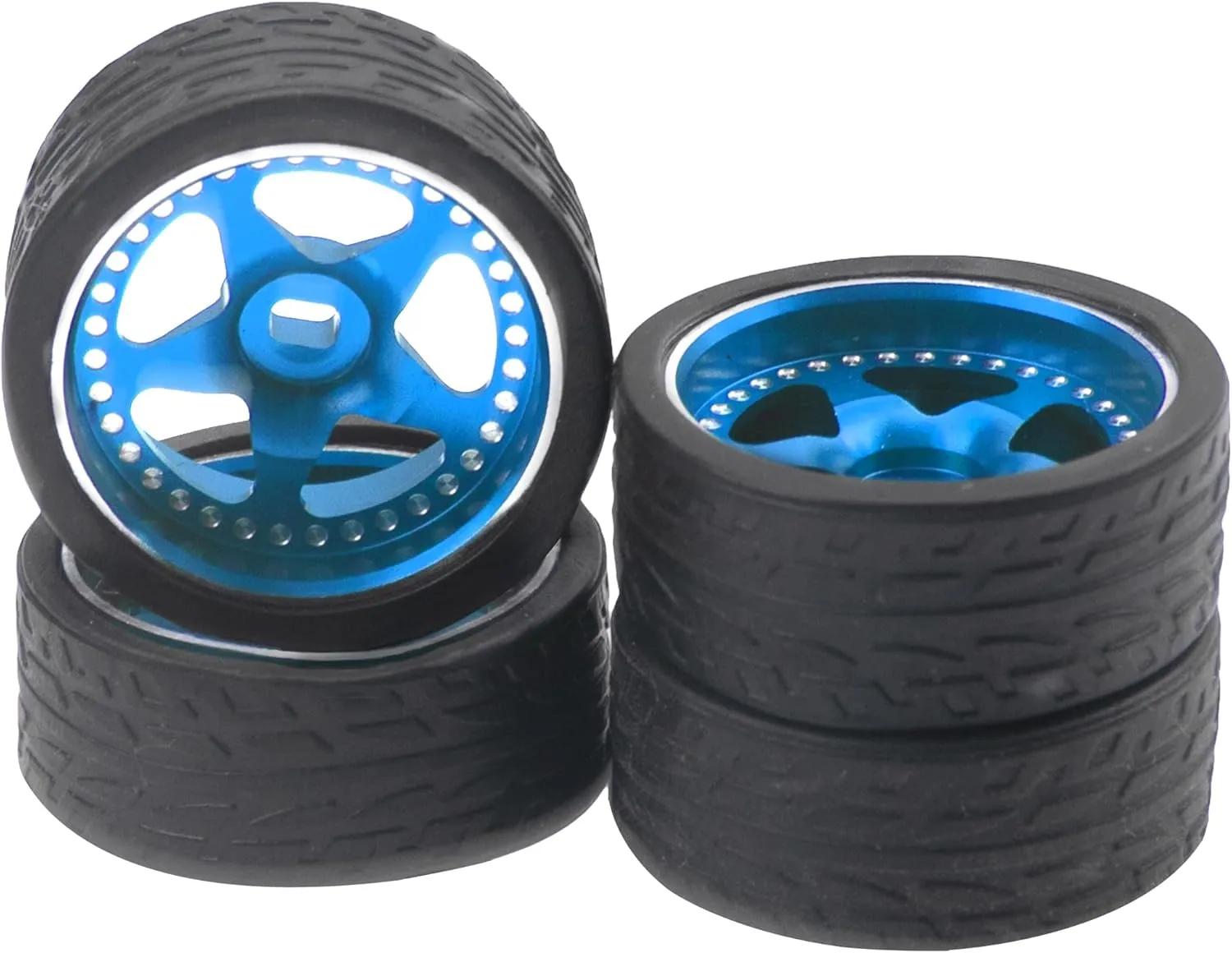 4PCS ShareGoo Metal 1/28 Wheel Rims & Rubber Racing Tires 5-Spoke Compatible with Wltoys K969 K989 P929 Kyosho Mini-Z Mini-Q Mini-D 1/28 RC Car (Blue)