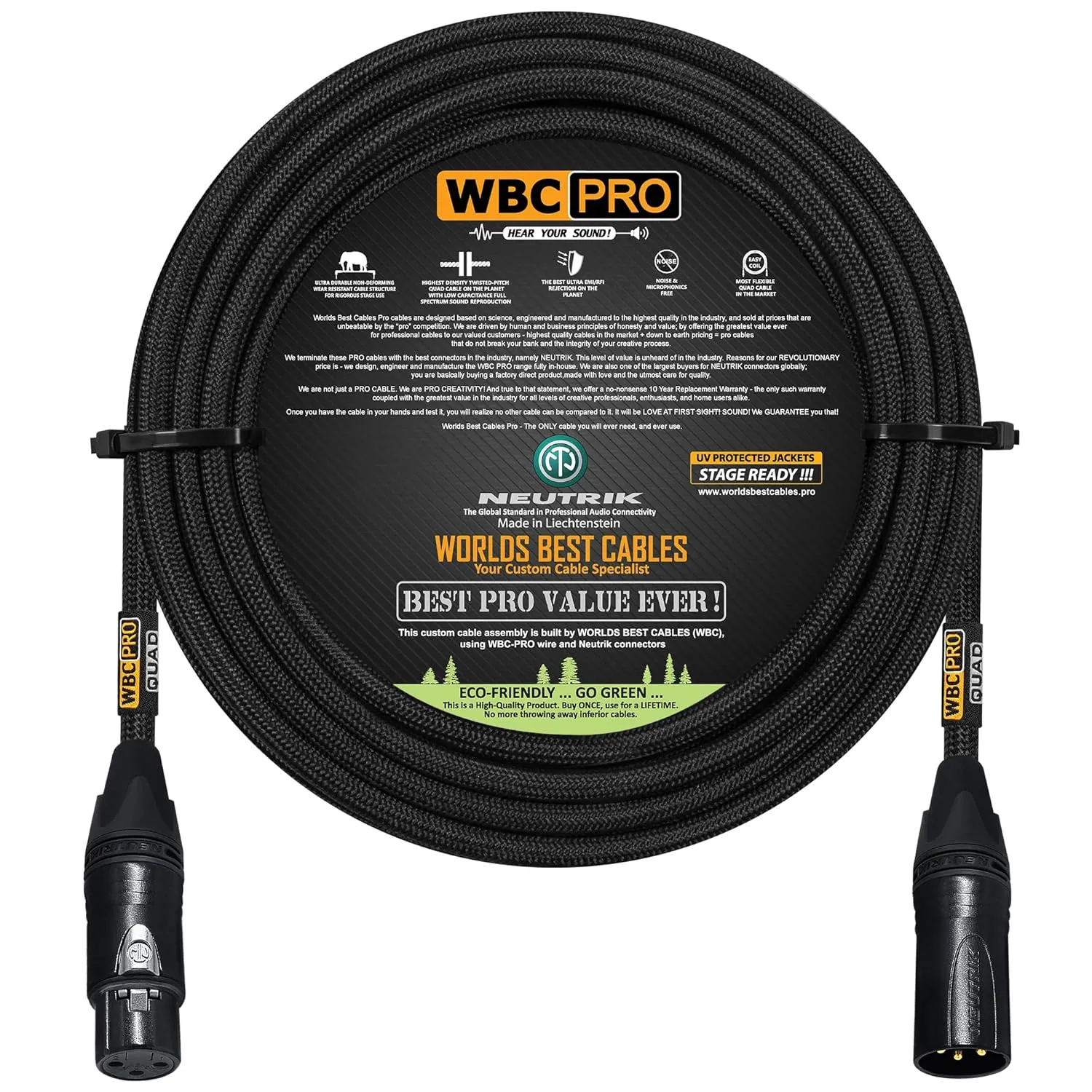 50 Foot - WBC-PRO-Quad Ultra-Silent Ultra-Flexible Balanced Star-Quad Cable with Neutrik Male & Female XLR Plugs & Black Tweed Jacket