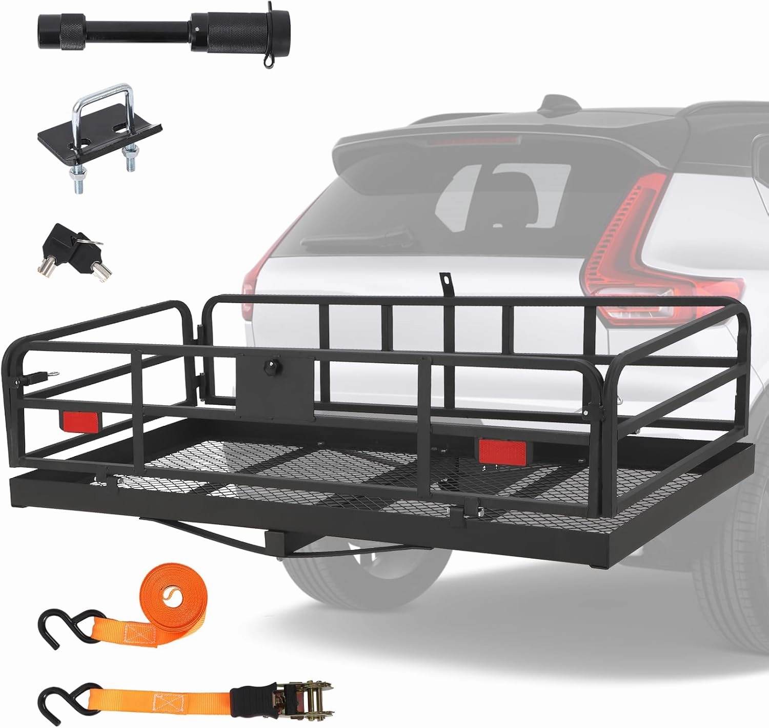 500LBS Heavy Duty Folding Hitch Cargo Carrier with High Side Rails, 60 “x24 ‘x14.9’ Trailer Hitch Rack, 2” Rear Basket for Trucks SUV RV Vans Camping Trips Storage Frame