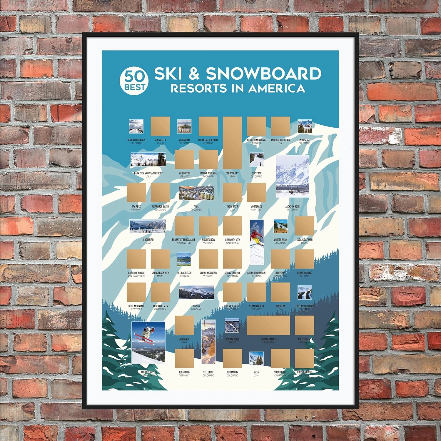 50 Best Ski & Snowboard Resorts Scratch Off Poster - Ski Poster - Ski Decor - Ski Print - A Great Gift for Skiers and Snowboarders!