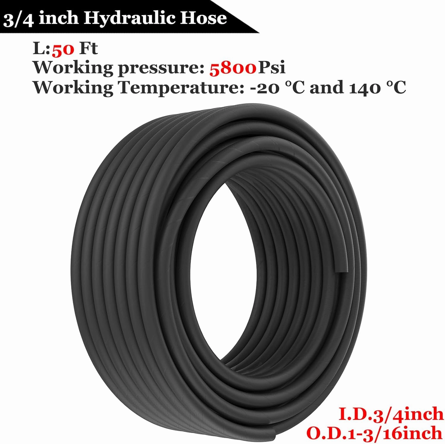 50 Ft 3/4 inch Hydraulic Hose with 20PCS 3/4" JIC 37° Female & NPTF Male Hydraulic Hose Fittings, Hydraulic Oil Flexible Hose -20℃ to 140℃ W.P.40MPa/5800Psi
