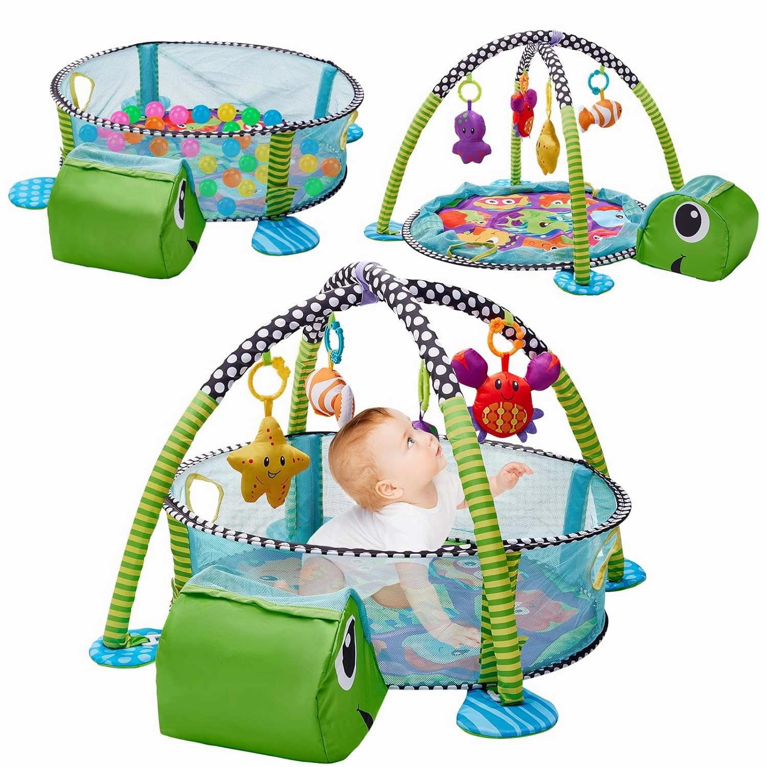 5-in-1 Baby Play Mat with 30 Balls,Tummy Time Mat Baby Gym with 4 Toys,Play Mat for Babies 0-6 Months Funny Animal Baby Play Gym,Turtle