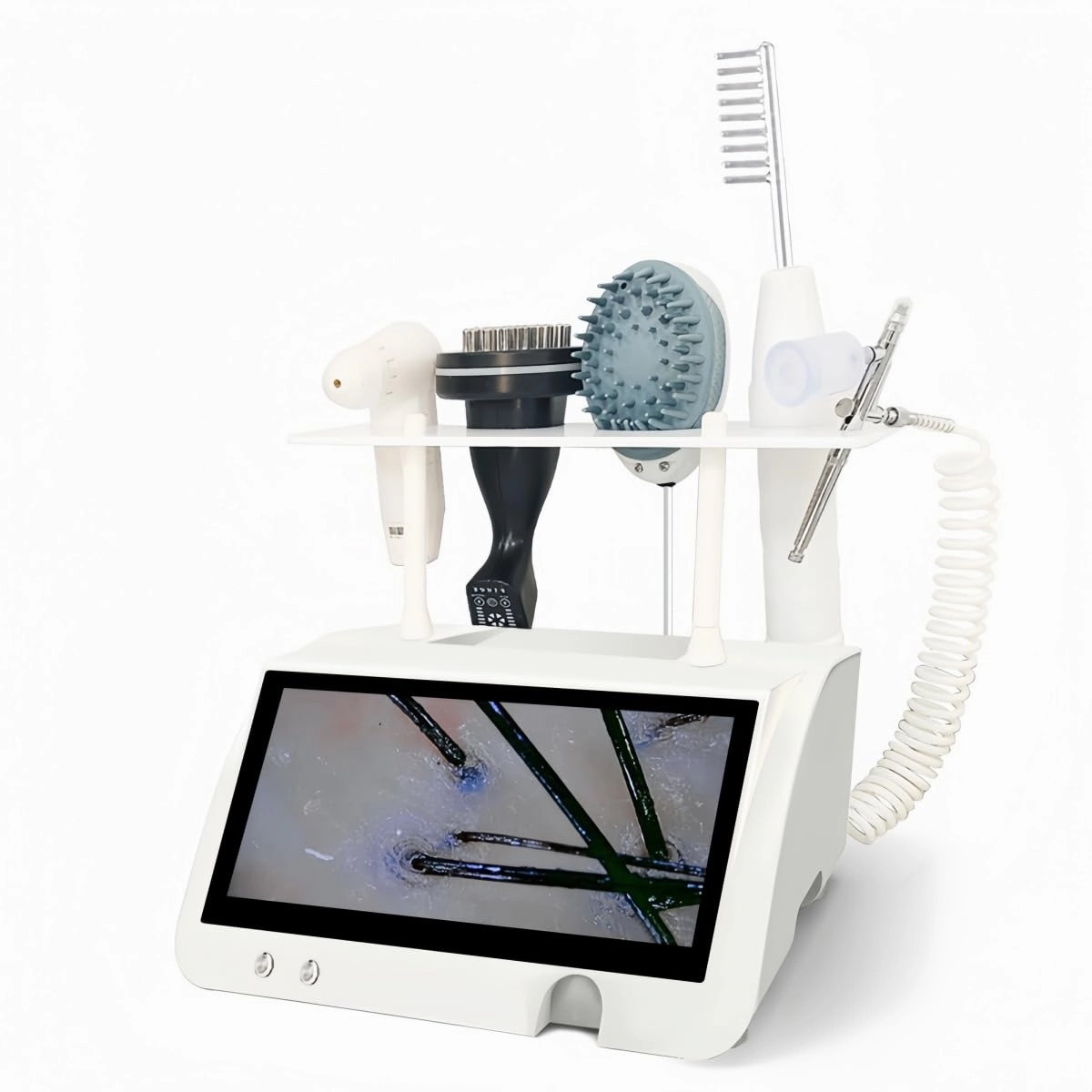 5-in-1 Hair & Scalp Care System - with Magnifying Lens, Massage Brush, Vibrating Comb, Relaxation Head & Refreshing Spray - Personal Grooming Device for Home Salon Use