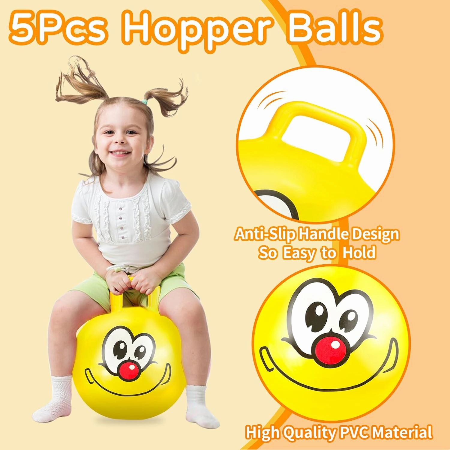 5 Pcs Hopper Ball Carnival Outdoors Jumping Hopping 18 Inch Bouncing Ball with Handle and Air Pump for Kids Sports School Ride Games Balance Exercise Fun