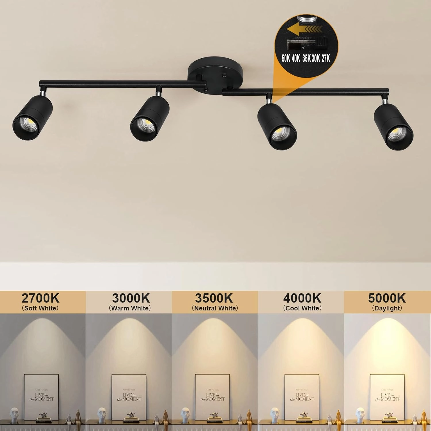5Color LED Track Lighting Kit 4 Lights Dimmable 48W Track Light,Zoomable15°/24°/36°/45°/60°-2700K/3000K/3500K4000K/5000K,Track Lighting for Accent Task Kitchen,Lumen 4800 (Black, 48W)