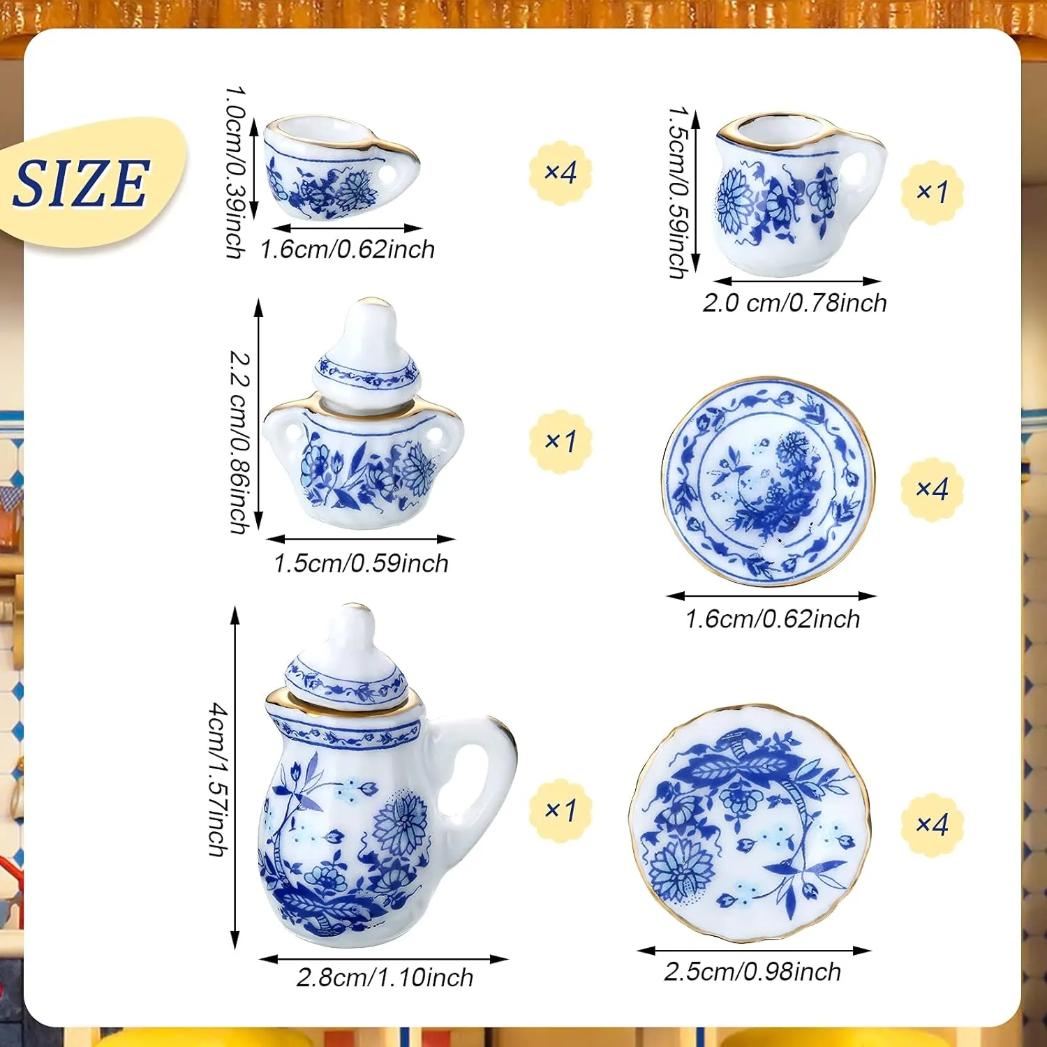 60 Pieces 1:12 Scale Miniatures Dollhouse Porcelain Tea Cup Set, Flower Pattern, Plum Blossom, Red Rose Teapot Cup Set Porcelain Accessories(Elegant Porcelain Series)