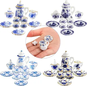 60 Pieces 1:12 Scale Miniatures Dollhouse Porcelain Tea Cup Set, Flower Pattern, Plum Blossom, Red Rose Teapot Cup Set Porcelain Accessories(Elegant Porcelain Series)
