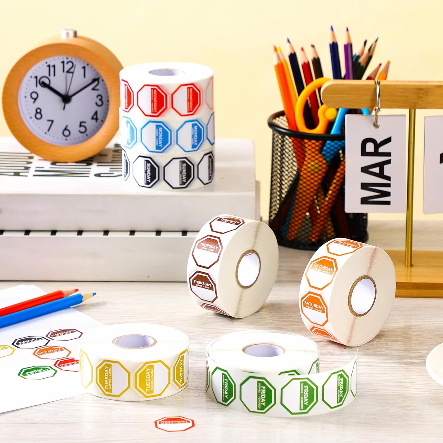 7000 Pcs Day of The Week Labels Food Labels Monday Through Sunday Management Inventory Stickers Removable Weekly Self Adhesive Date Dot Stickers for Restaurant Kitchen Containers (Octagon)