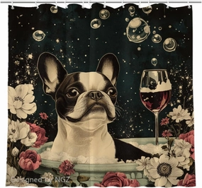 72x72 Inche Black Fabric Shower Curtain, Cute Boston Terrier with Flowers Shower Curtains for Bathroom, SPA Bubble Bath Covered Bath Curtains Set with Hooks