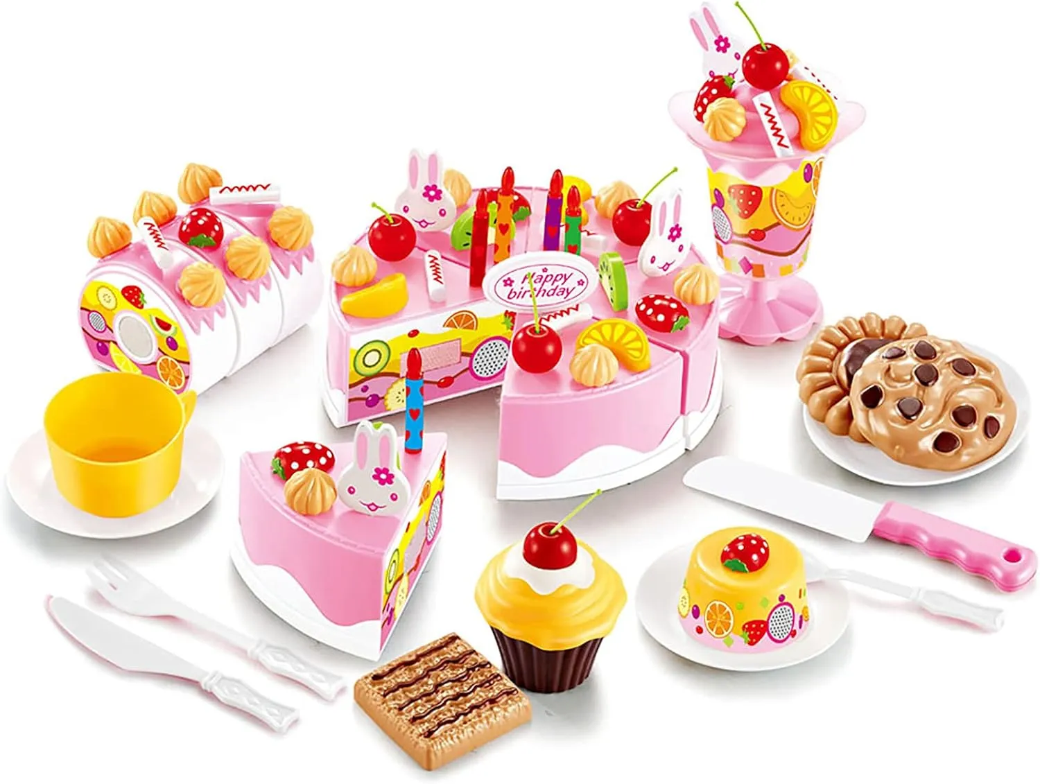 75PCS Birthday Cake Toy DIY Cutting Cake Play Set Kids Play Kitchen Food Pretend Play Cake Toy Best for Girls Birthday Party Gift (75PCS Pink)