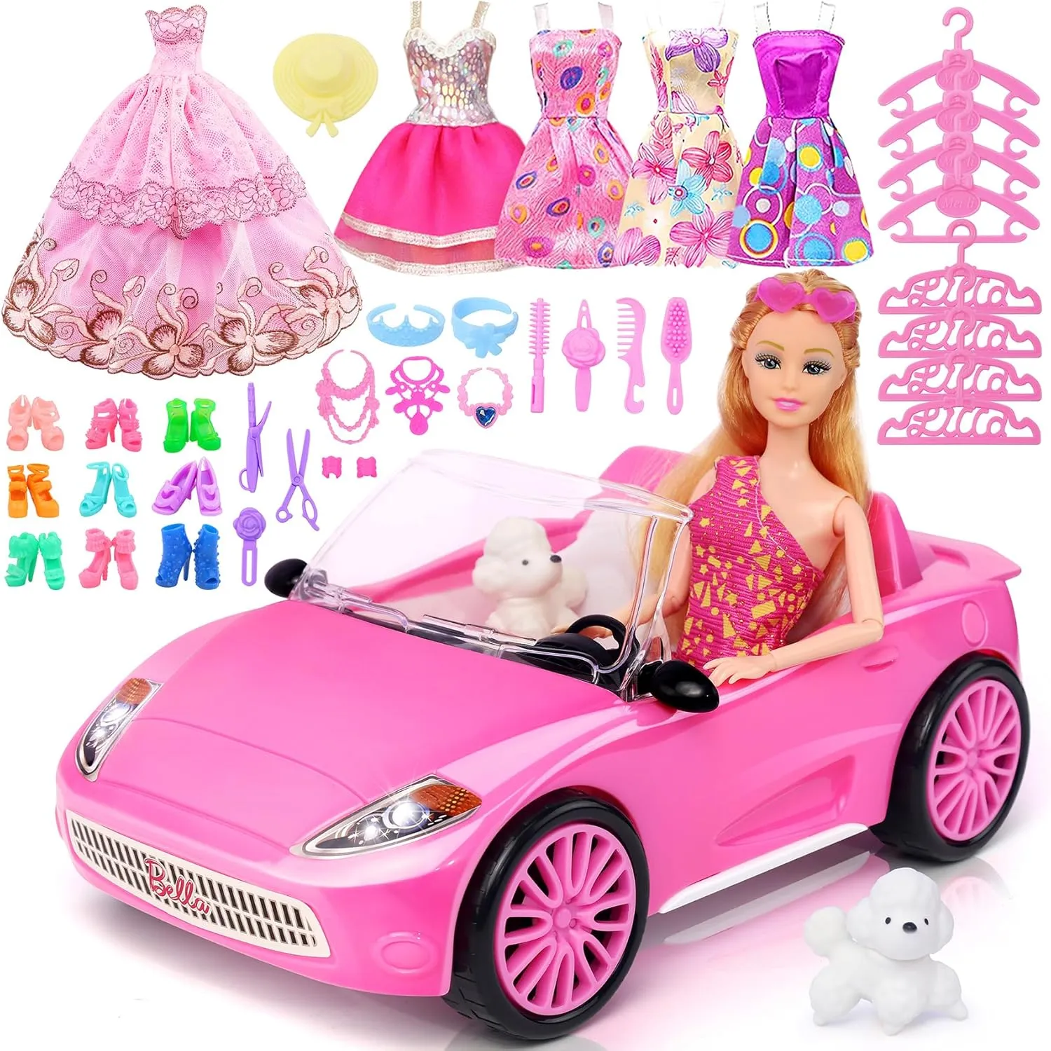 78 Pcs 11.5 Inch Doll Pink Convertible Car Playset, Dress up for Kids Including 11.5 in Girl Doll, Toy Car, 1 Fancy Dress, 3 Regular Dress, 1 Fashion Dress, 71 Accessories