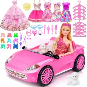 78 Pcs 11.5 Inch Doll Pink Convertible Car Playset, Dress up for Kids Including 11.5 in Girl Doll, Toy Car, 1 Fancy Dress, 3 Regular Dress, 1 Fashion Dress, 71 Accessories