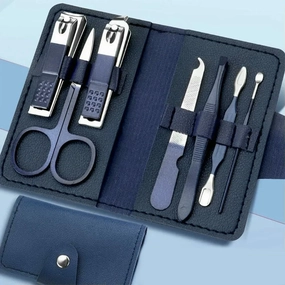 7 Pieces Stainless Steel Colorful Nail Clippers Manicure Set with Leather Bag Care Tools Grooming Kit (Set080dark Blue)