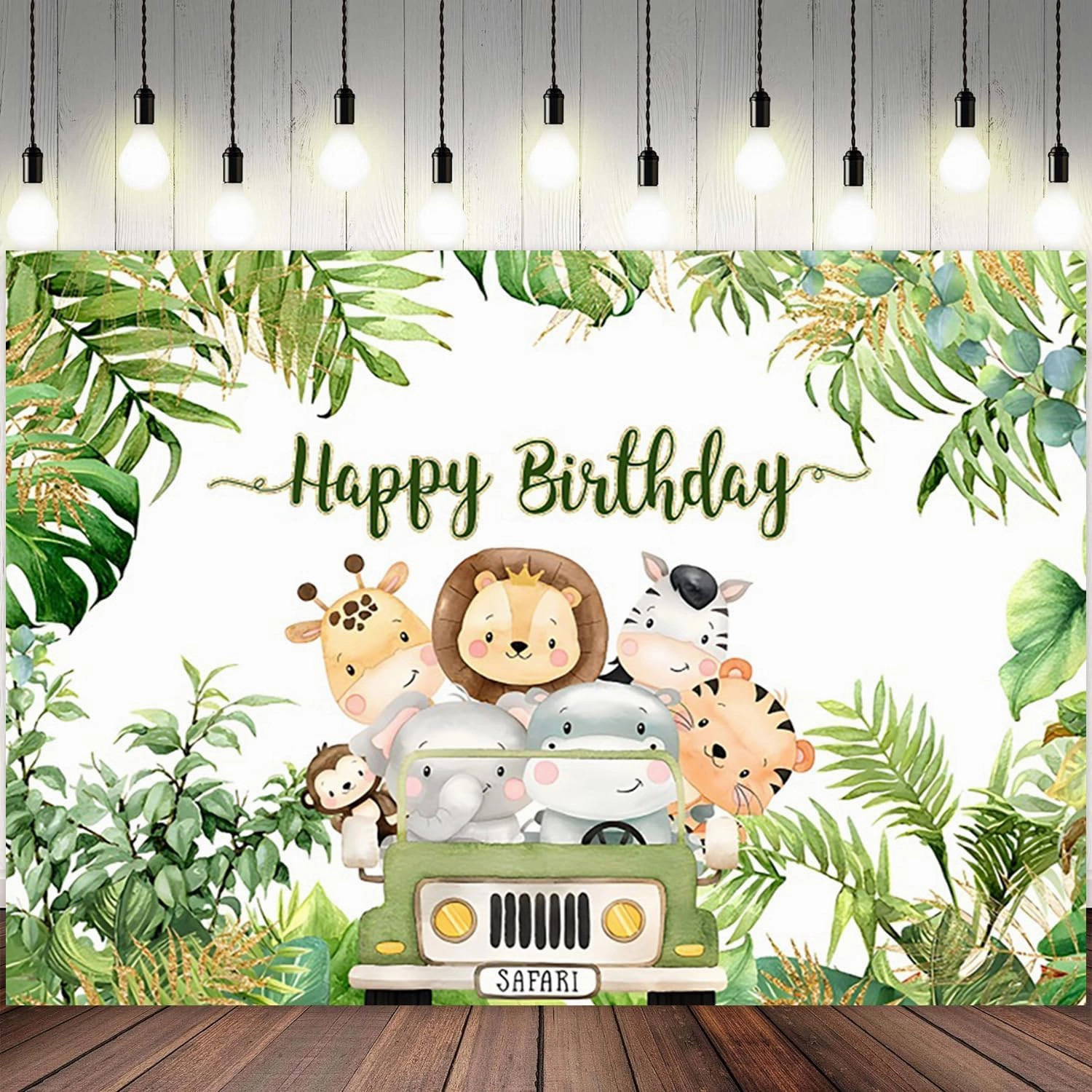 7x5ft Happy Birthday Backdrop Jungle Animals Photography Background Tropical Green Leaves Boys Girls Birthdays Party Banner Decorations Cute Forest Wildlife Cartoon Car Photo Booth Prop