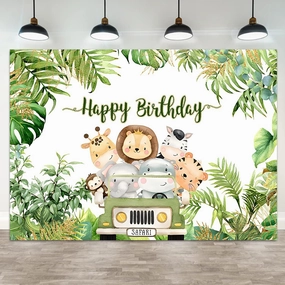 7x5ft Happy Birthday Backdrop Jungle Animals Photography Background Tropical Green Leaves Boys Girls Birthdays Party Banner Decorations Cute Forest Wildlife Cartoon Car Photo Booth Prop