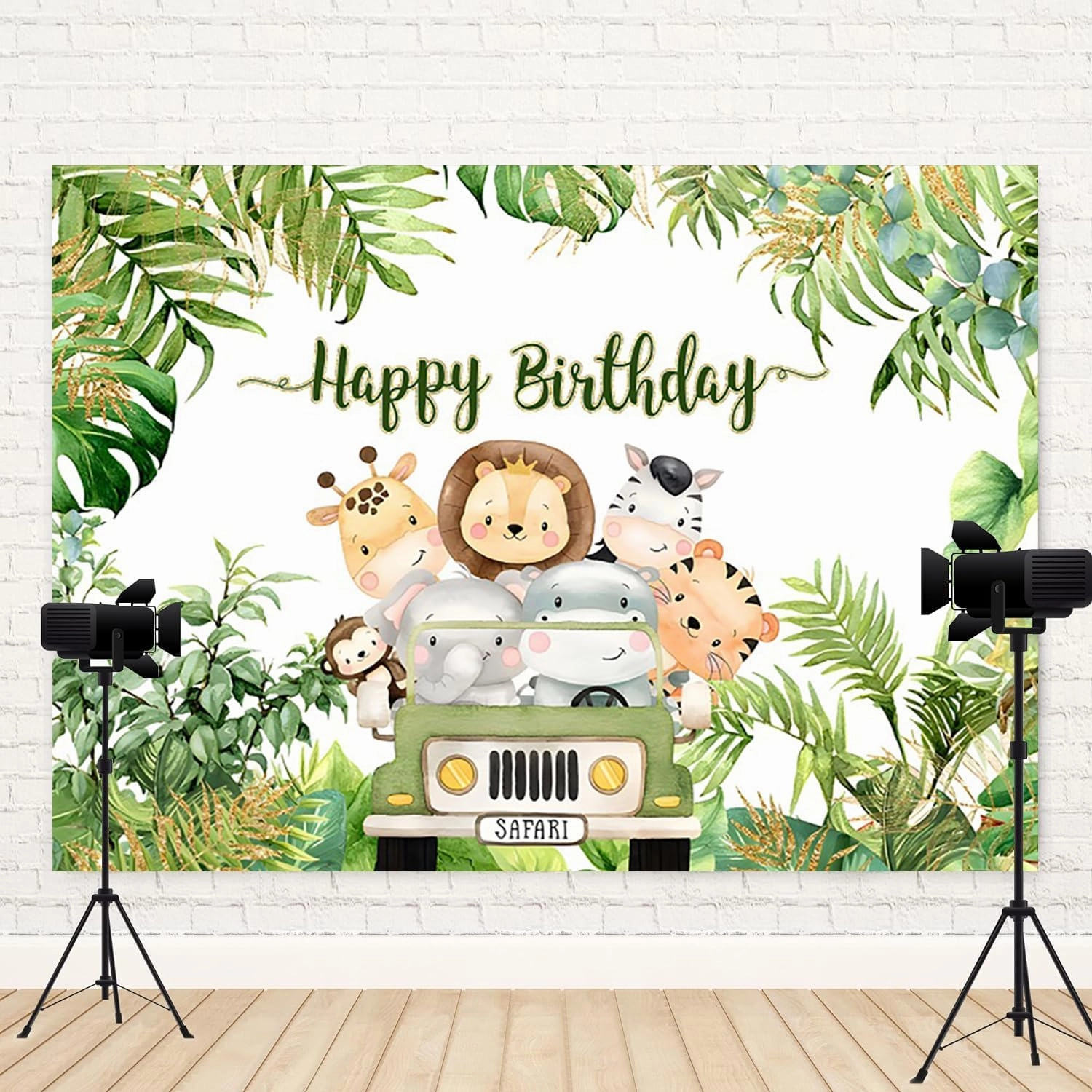 7x5ft Happy Birthday Backdrop Jungle Animals Photography Background Tropical Green Leaves Boys Girls Birthdays Party Banner Decorations Cute Forest Wildlife Cartoon Car Photo Booth Prop