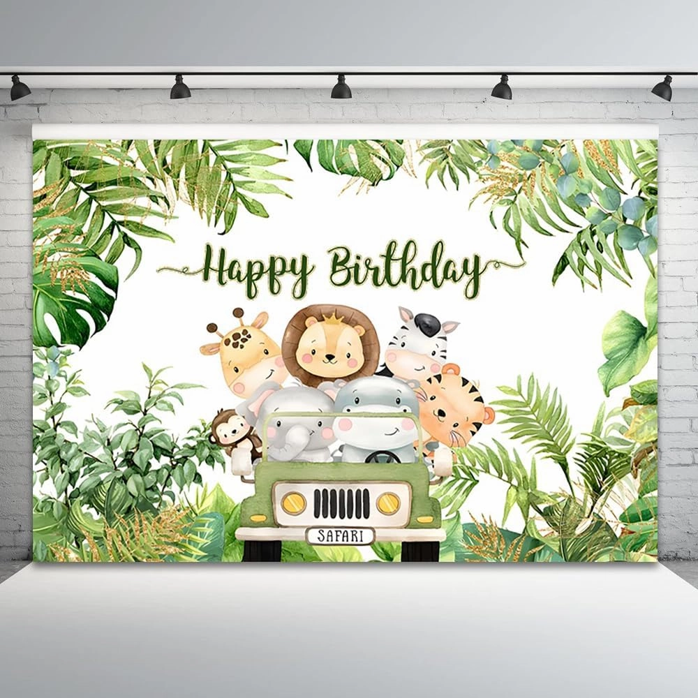 7x5ft Happy Birthday Backdrop Jungle Animals Photography Background Tropical Green Leaves Boys Girls Birthdays Party Banner Decorations Cute Forest Wildlife Cartoon Car Photo Booth Prop