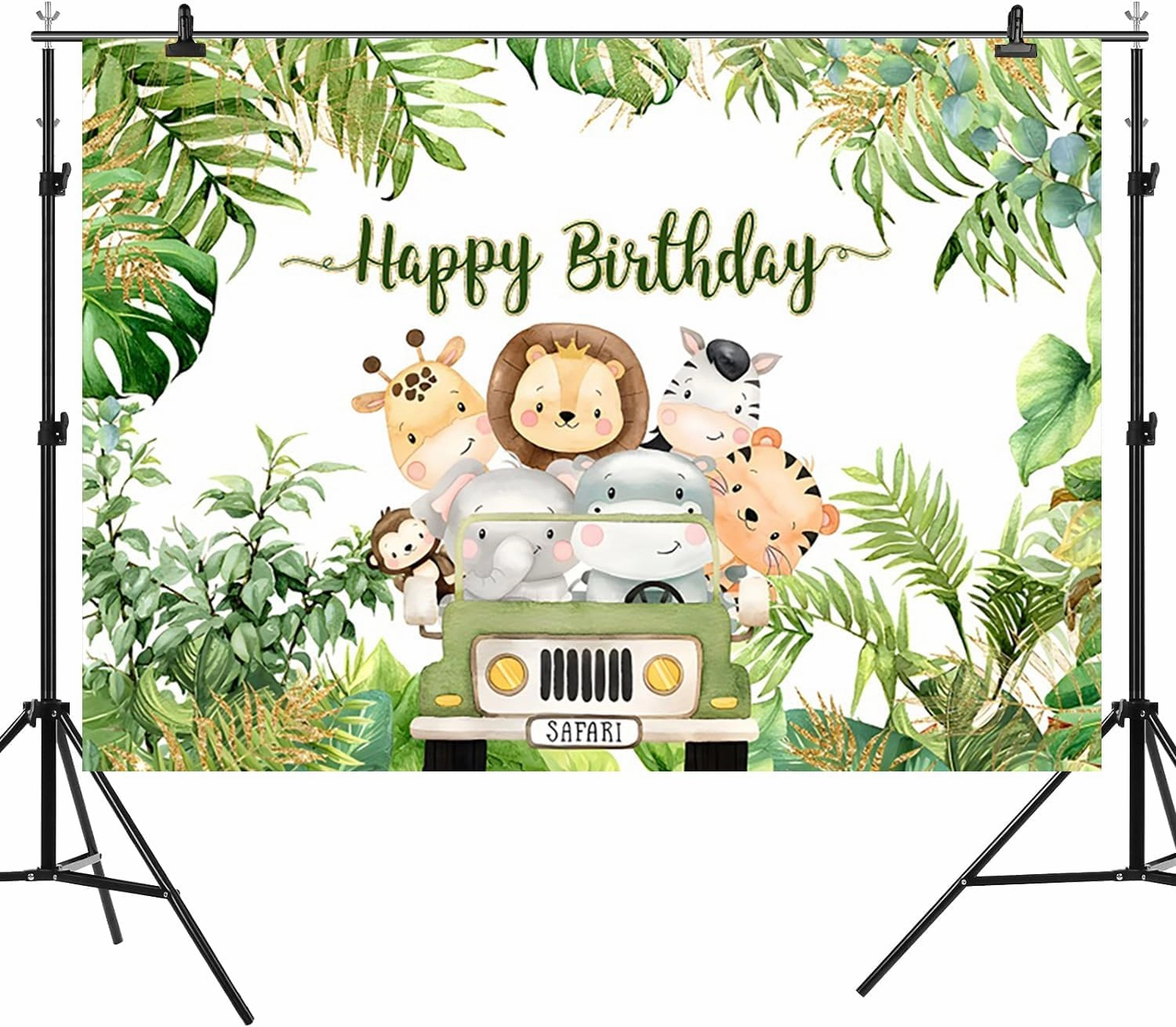 7x5ft Happy Birthday Backdrop Jungle Animals Photography Background Tropical Green Leaves Boys Girls Birthdays Party Banner Decorations Cute Forest Wildlife Cartoon Car Photo Booth Prop