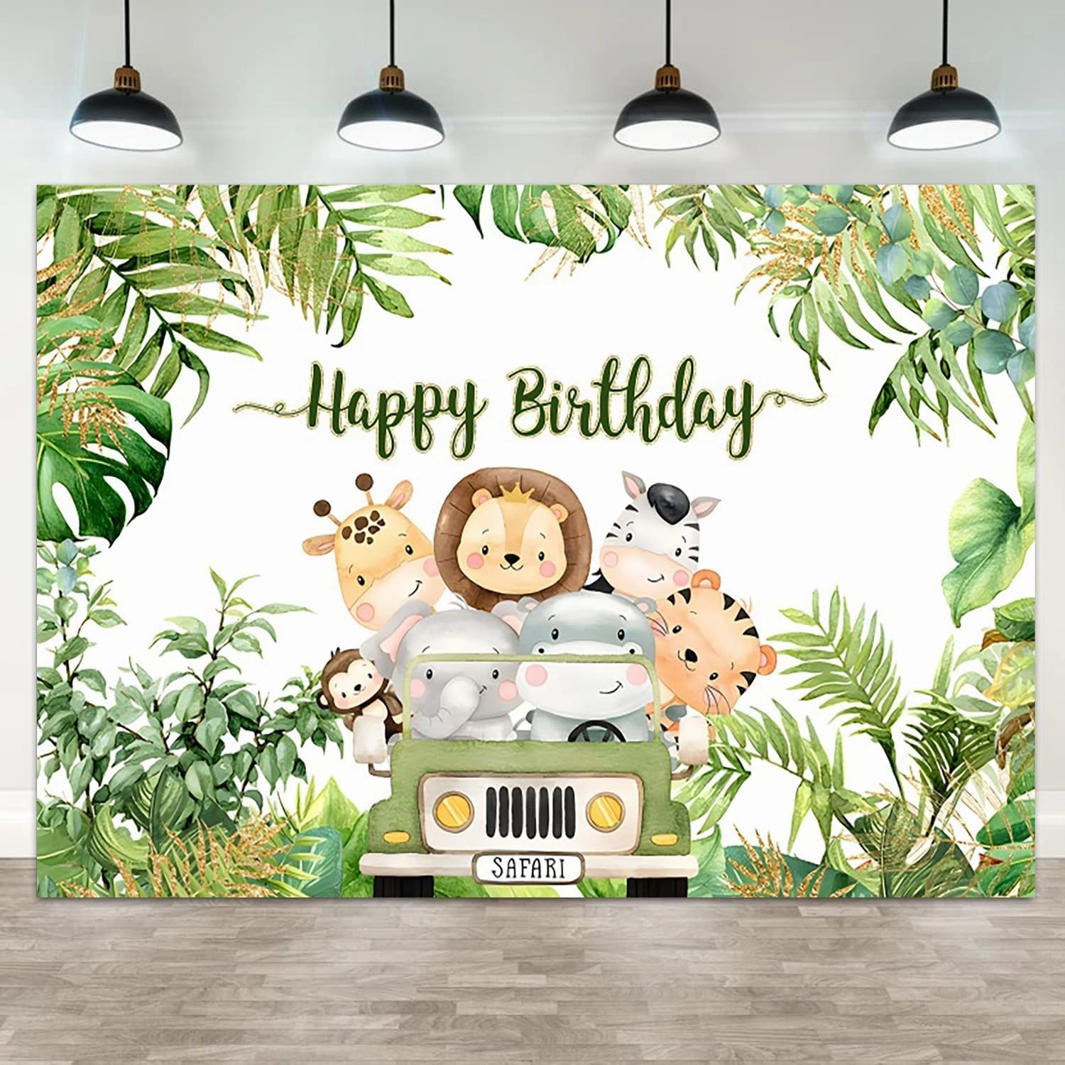7x5ft Happy Birthday Backdrop Jungle Animals Photography Background Tropical Green Leaves Boys Girls Birthdays Party Banner Decorations Cute Forest Wildlife Cartoon Car Photo Booth Prop