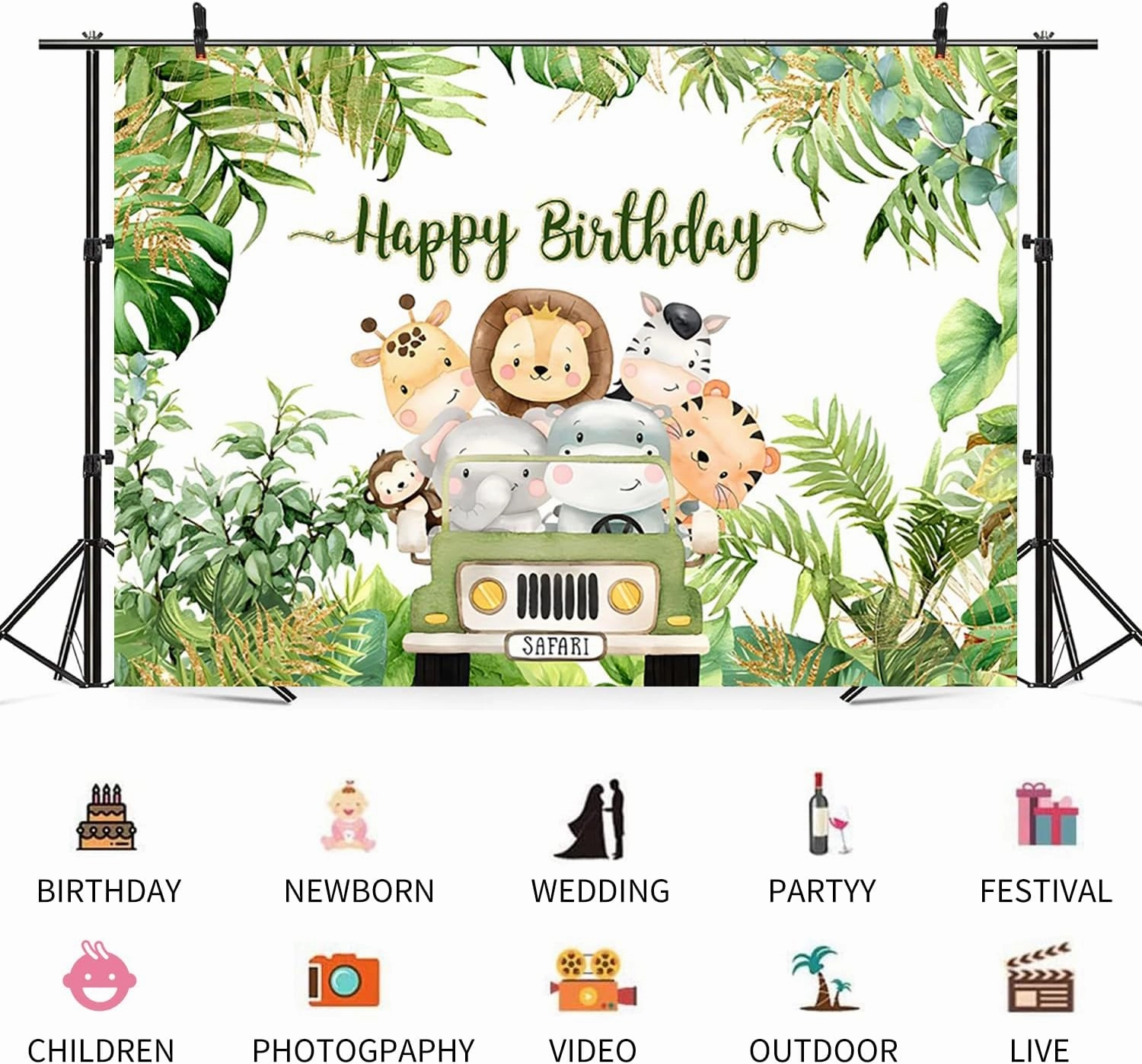 7x5ft Happy Birthday Backdrop Jungle Animals Photography Background Tropical Green Leaves Boys Girls Birthdays Party Banner Decorations Cute Forest Wildlife Cartoon Car Photo Booth Prop