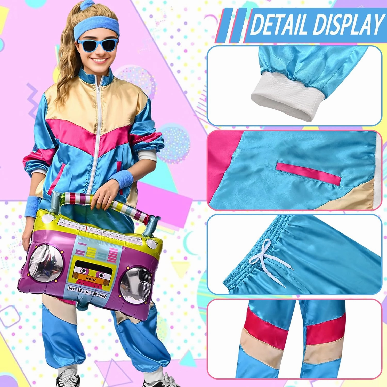 80s Tracksuit Costume Men Women, 90s Retro Hip-Hop Costume Jacket Shell Windbreaker Sportswear Party Dress Sweatband
