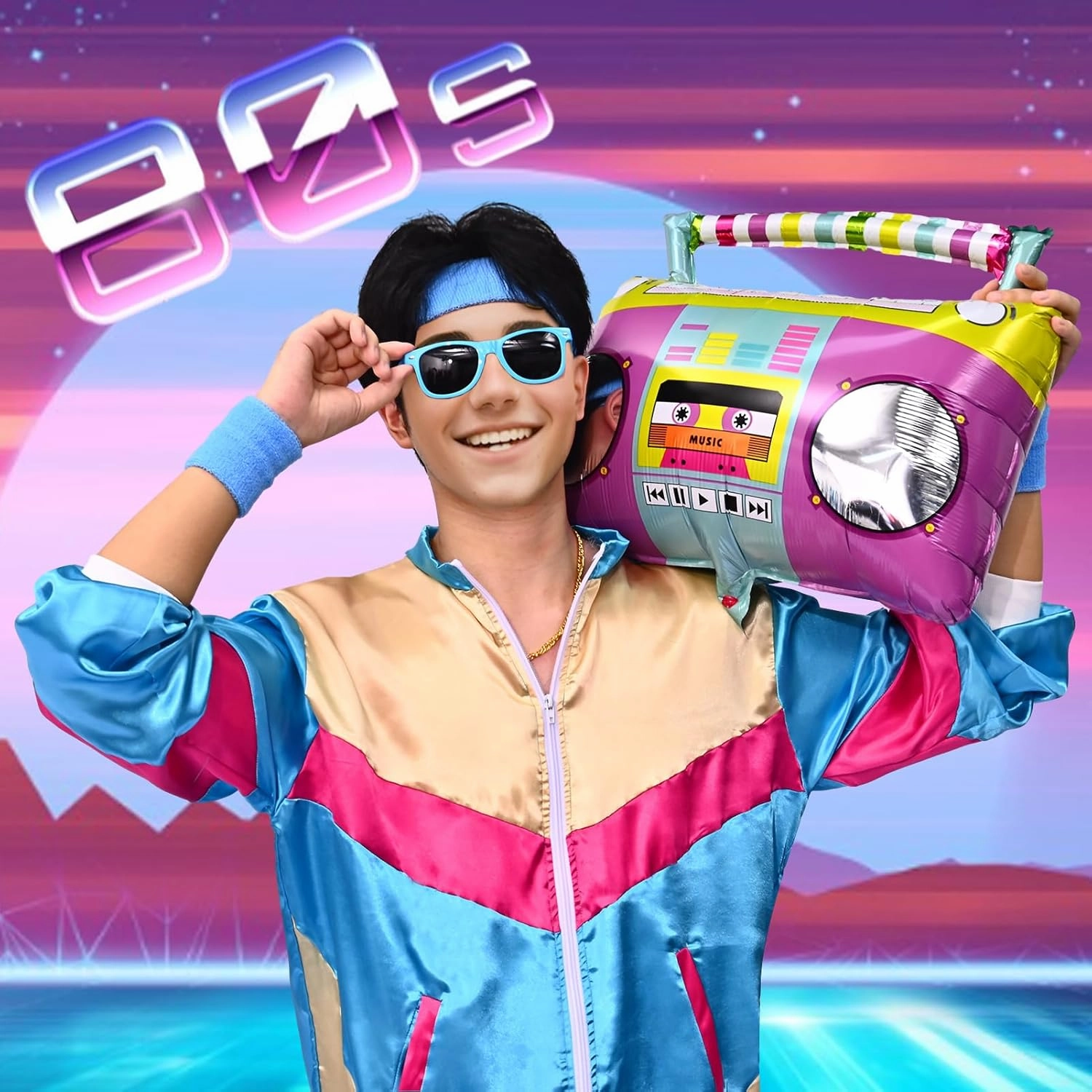 80s Tracksuit Costume Men Women, 90s Retro Hip-Hop Costume Jacket Shell Windbreaker Sportswear Party Dress Sweatband