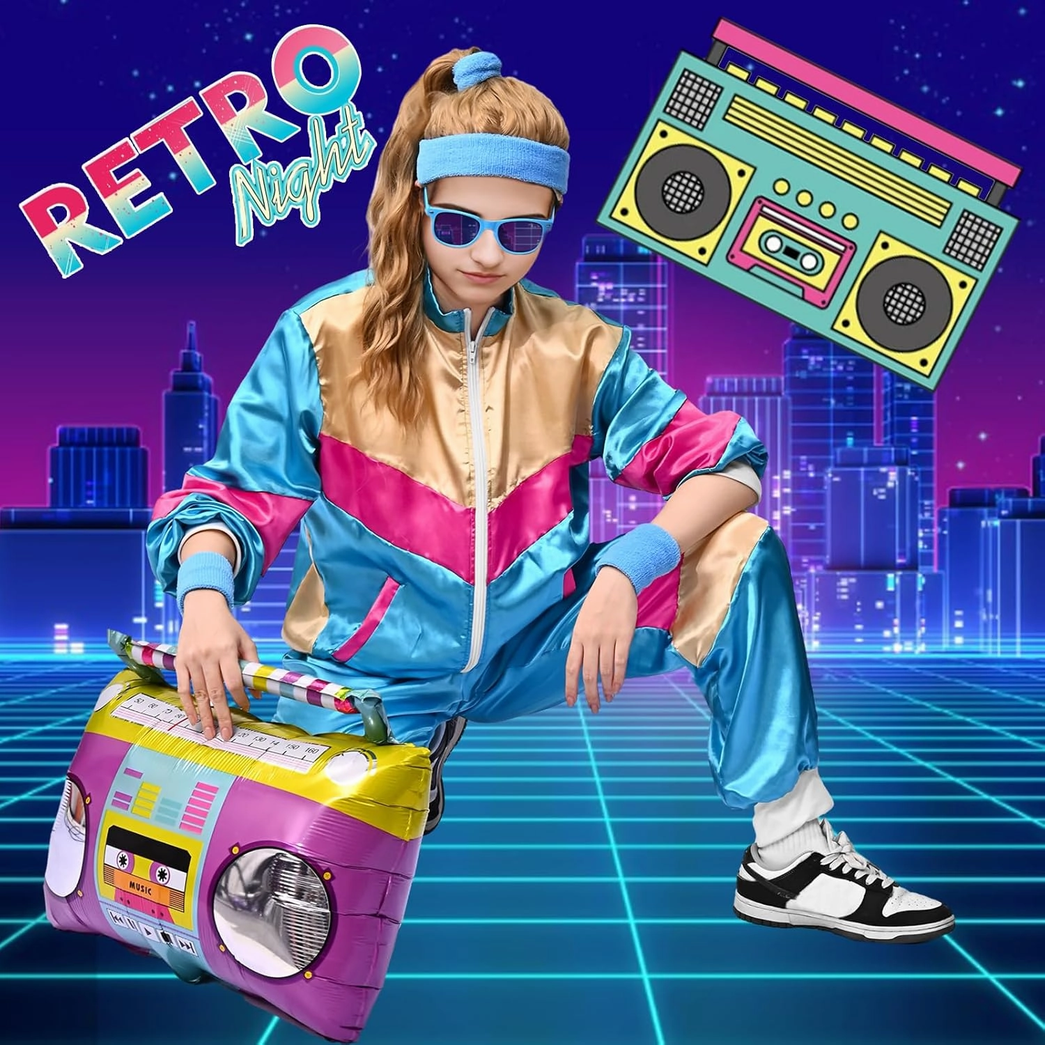 80s Tracksuit Costume Men Women, 90s Retro Hip-Hop Costume Jacket Shell Windbreaker Sportswear Party Dress Sweatband