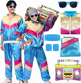 80s Tracksuit Costume Men Women, 90s Retro Hip-Hop Costume Jacket Shell Windbreaker Sportswear Party Dress Sweatband