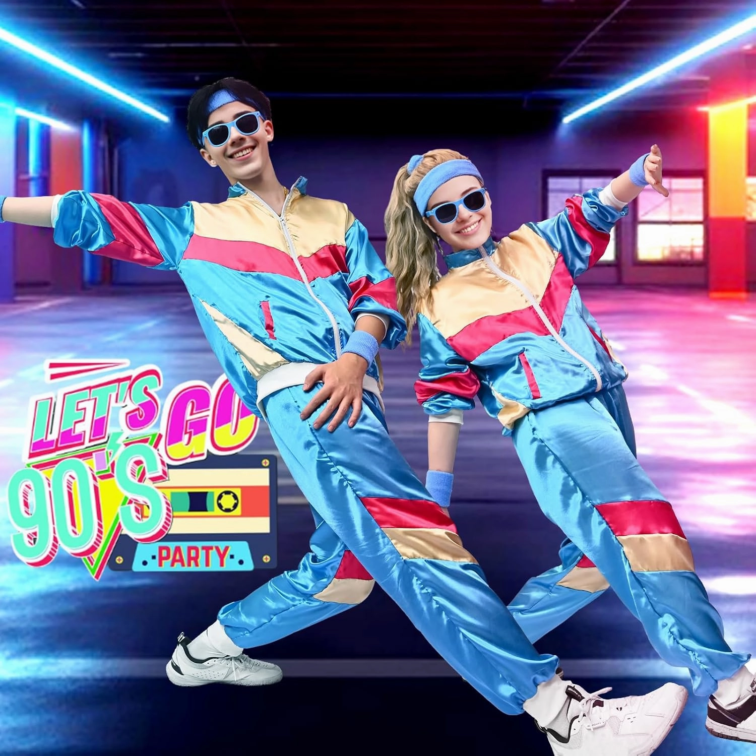 80s Tracksuit Costume Men Women, 90s Retro Hip-Hop Costume Jacket Shell Windbreaker Sportswear Party Dress Sweatband