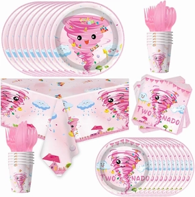 81Pcs Pink Tornado Theme Party Tableware Set Pink Two Nado Birthday Party Decoration Tornado Party Supplies