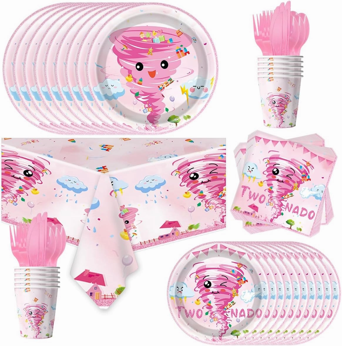 81Pcs Pink Tornado Theme Party Tableware Set Pink Two Nado Birthday Party Decoration Tornado Party Supplies