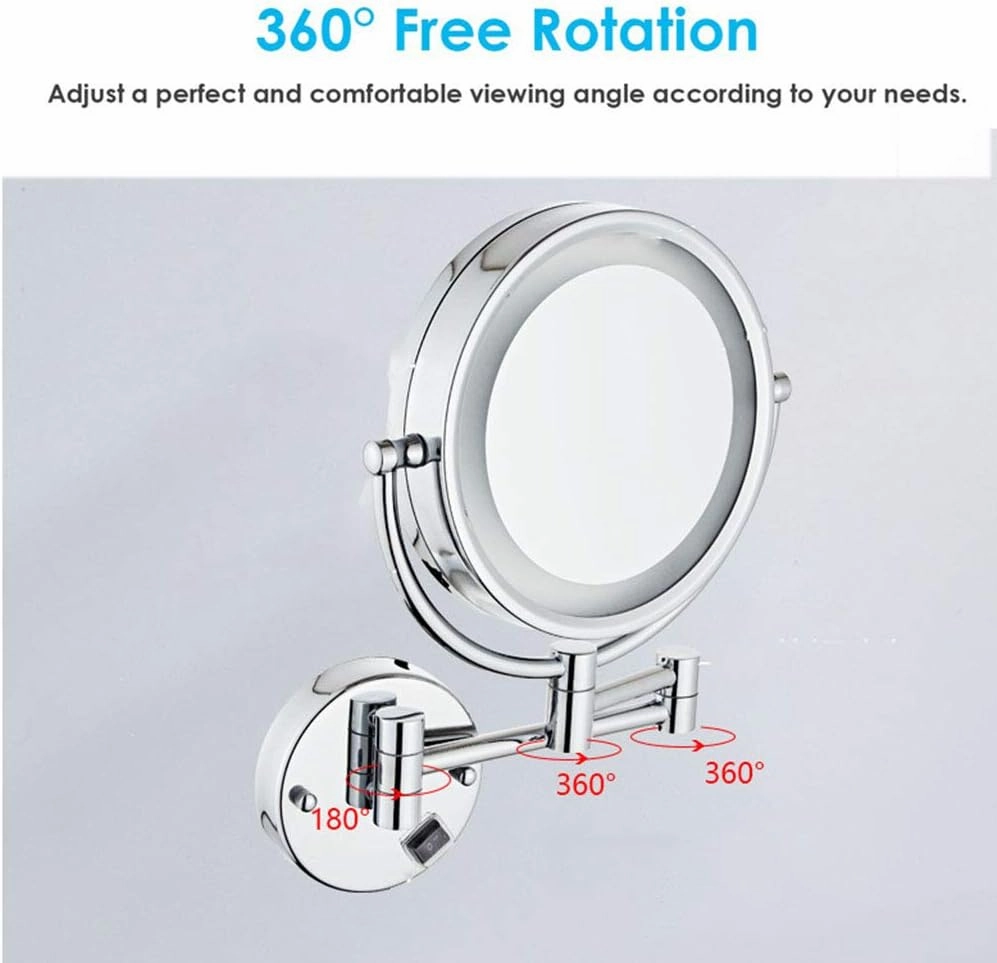 8.5 Inch LED Lighted Wall Mount Makeup Mirror with 3X Magnification, Hardwired USB Rechargeable, Double-Sided with 360 Degree Swivel Design, Extendable Arm, for Bathroom