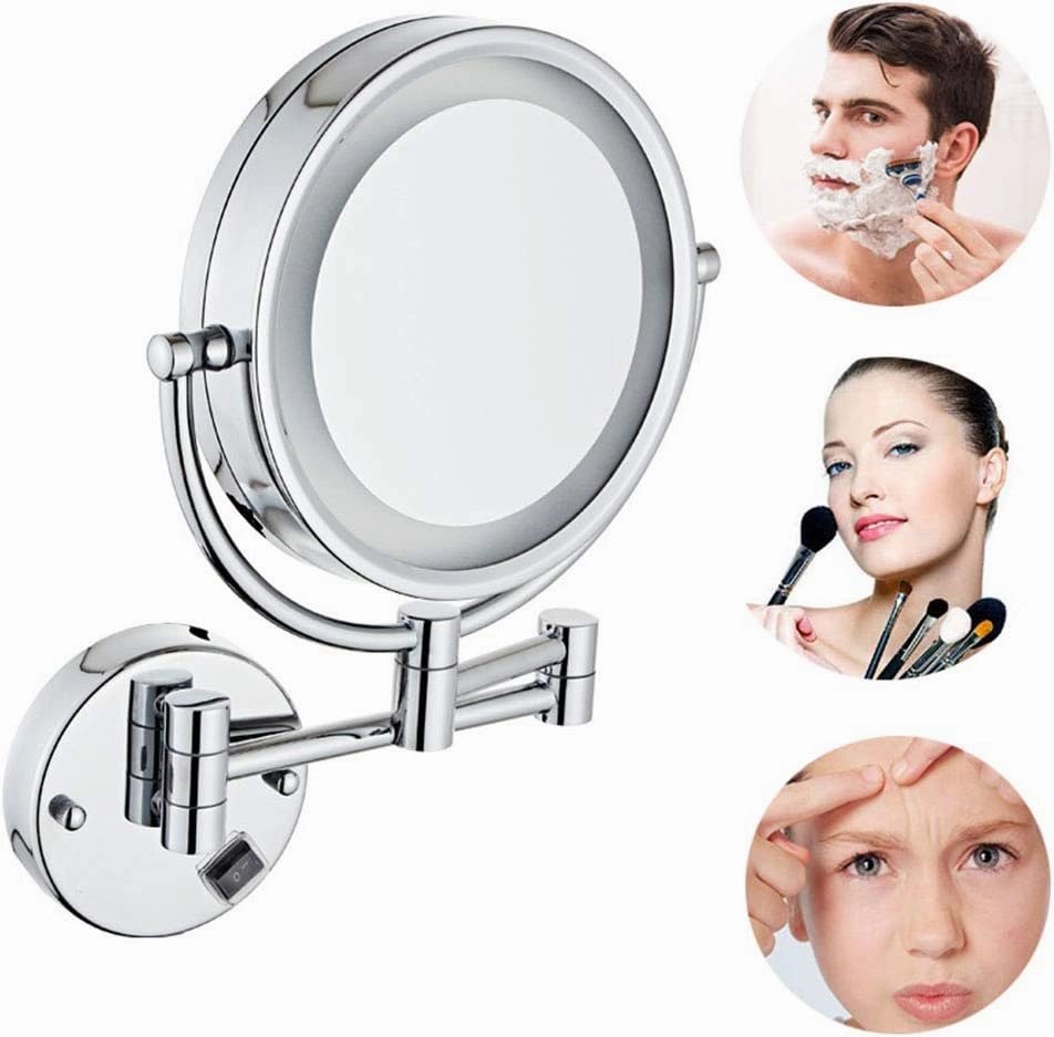 8.5 Inch LED Lighted Wall Mount Makeup Mirror with 3X Magnification, Hardwired USB Rechargeable, Double-Sided with 360 Degree Swivel Design, Extendable Arm, for Bathroom