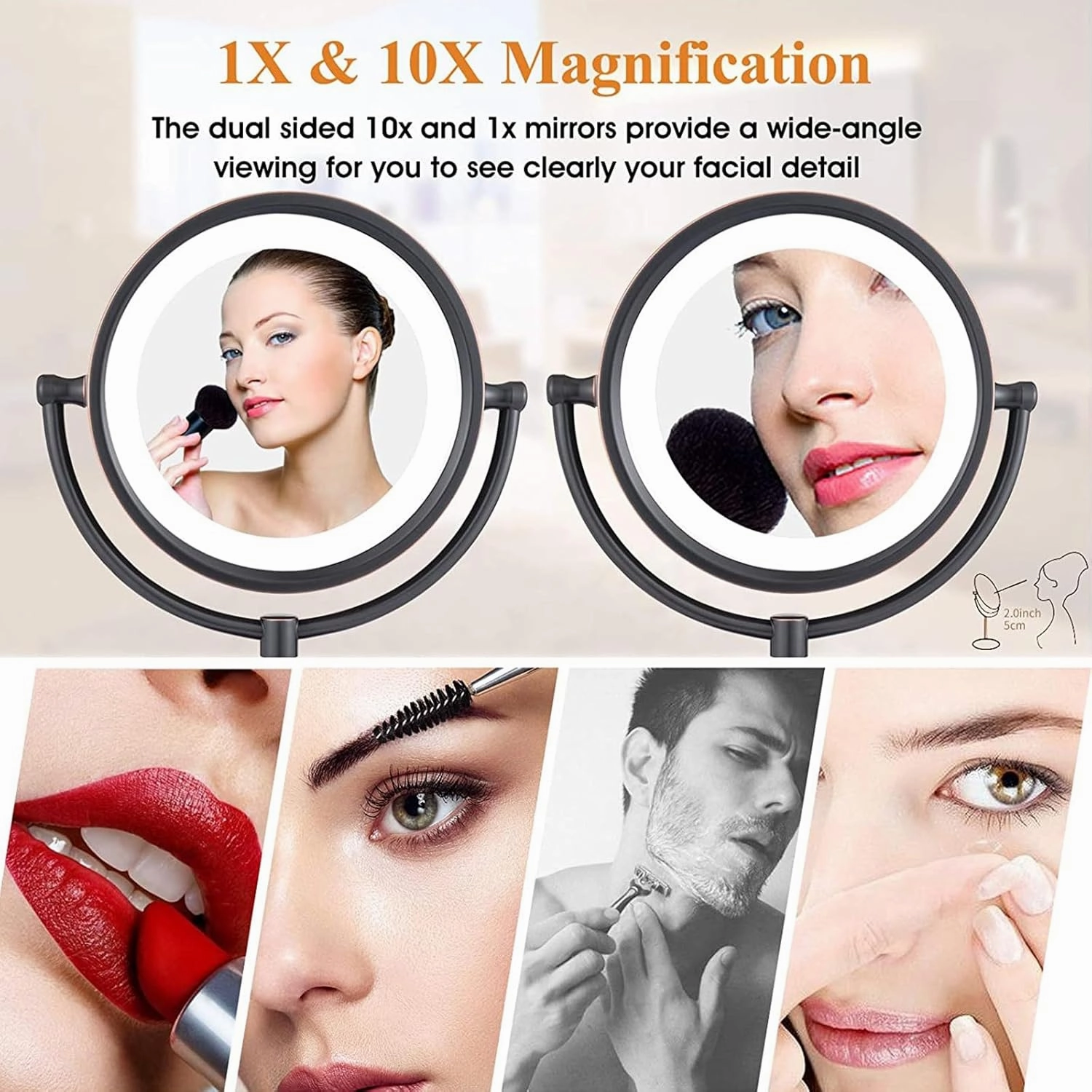 8.5 Inch Rechargeable Tabletop LED Lighted Makeup Mirror, Double Side Rotation Cosmetic Mirror, Magnification HD Shaving Mirror, Countertop Standing Cordless Vanity Mirror,Black,10X