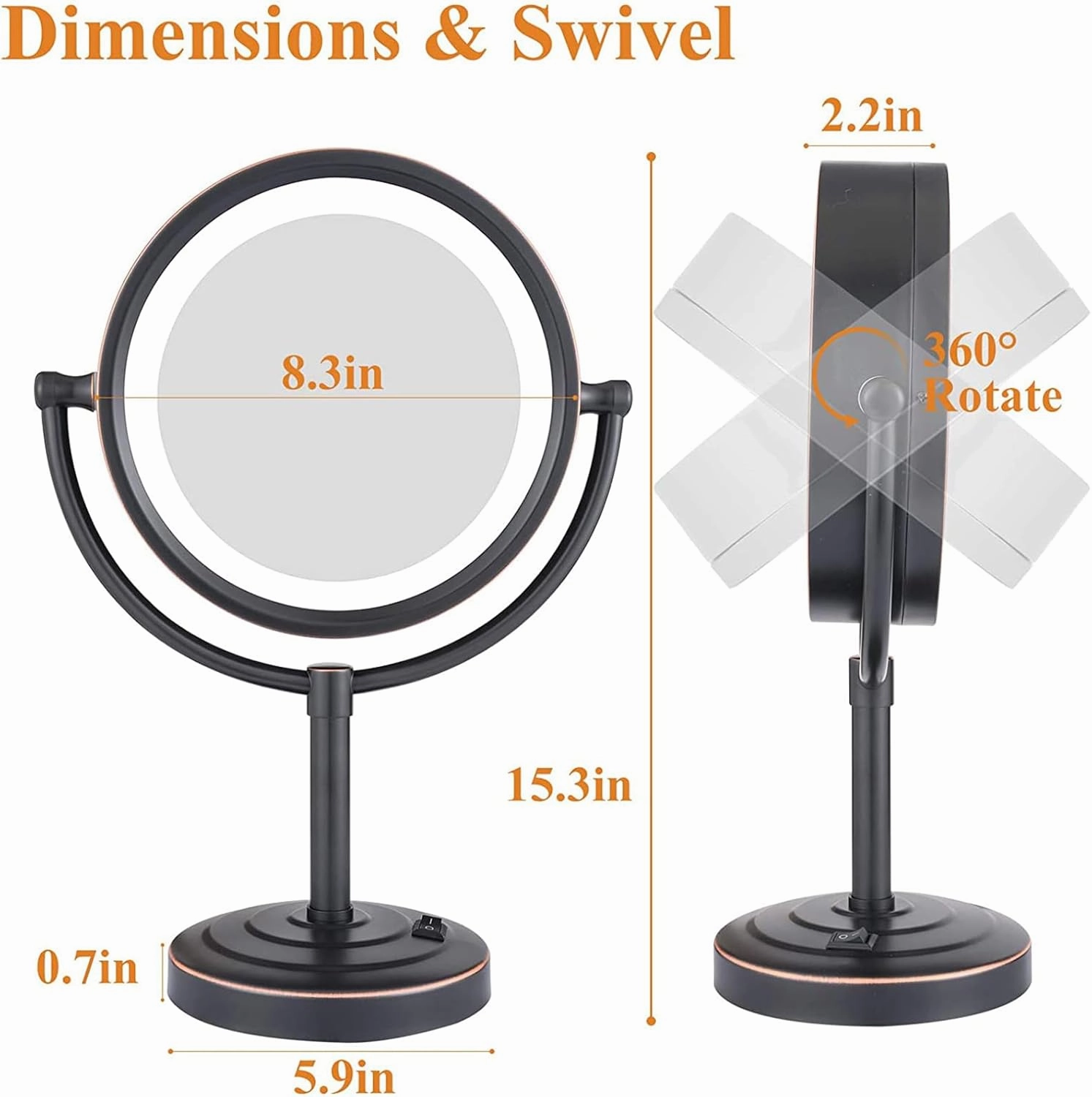 8.5 Inch Rechargeable Tabletop LED Lighted Makeup Mirror, Double Side Rotation Cosmetic Mirror, Magnification HD Shaving Mirror, Countertop Standing Cordless Vanity Mirror,Black,10X