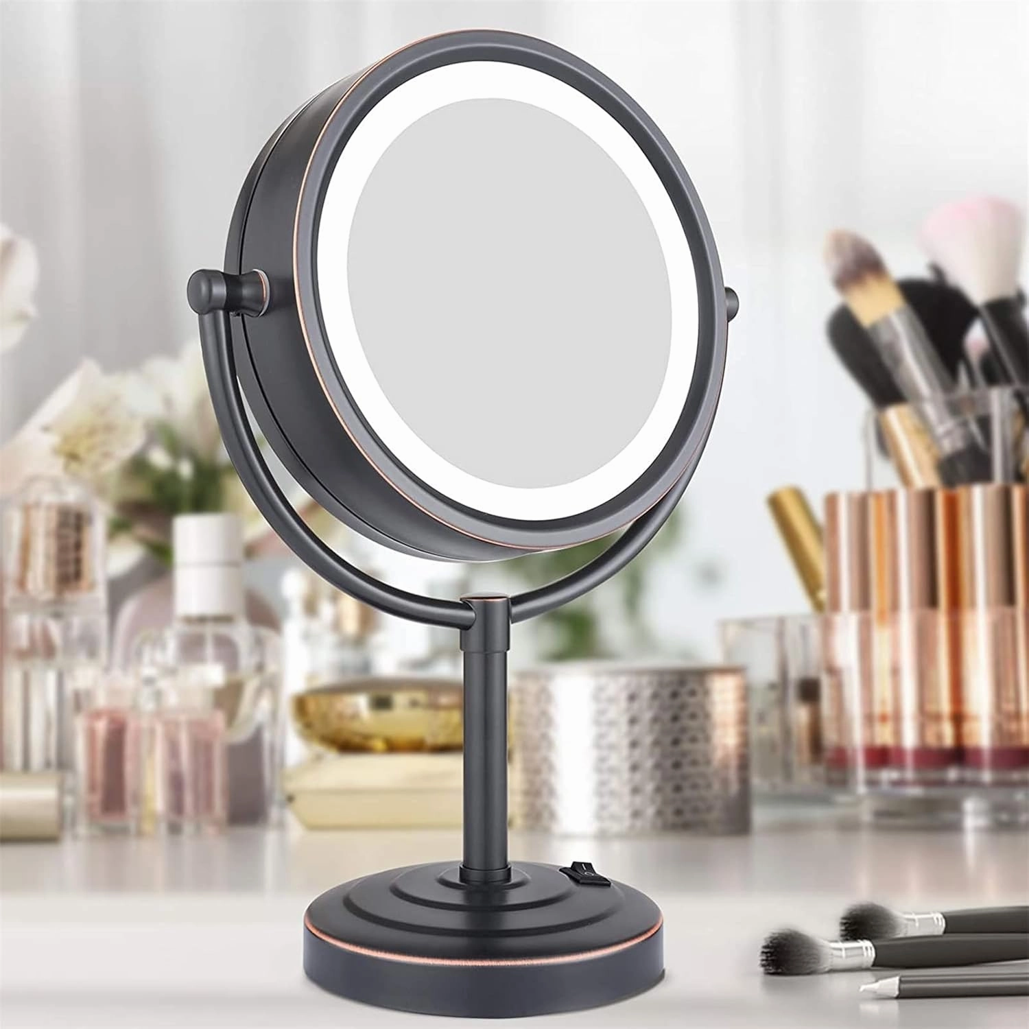 8.5 Inch Rechargeable Tabletop LED Lighted Makeup Mirror, Double Side Rotation Cosmetic Mirror, Magnification HD Shaving Mirror, Countertop Standing Cordless Vanity Mirror,Black,3X