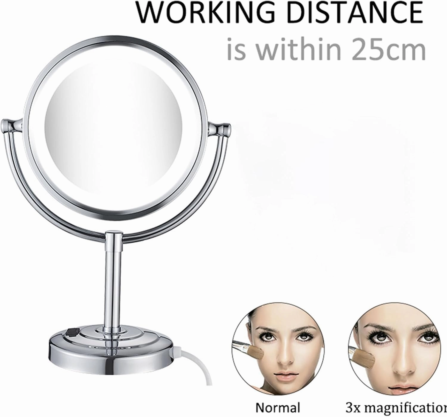 8.5 Inch Rechargeable Tabletop LED Lighted Makeup Mirror, Double Side Rotation Cosmetic Mirror, Magnification HD Shaving Mirror, Countertop Standing Cordless Vanity Mirror,Black,3X