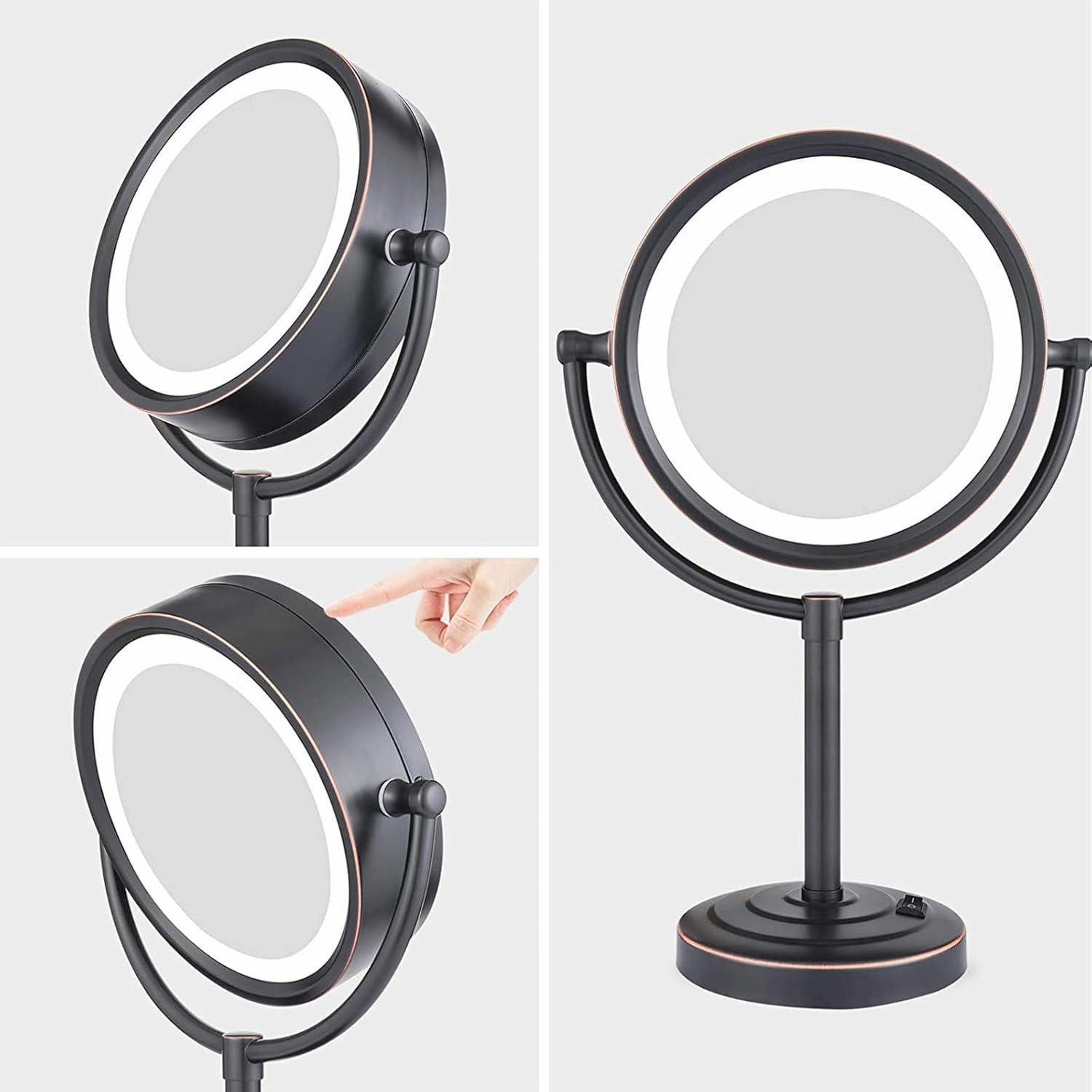 8.5 Inch Rechargeable Tabletop LED Lighted Makeup Mirror, Double Side Rotation Cosmetic Mirror, Magnification HD Shaving Mirror, Countertop Standing Cordless Vanity Mirror,Black,3X
