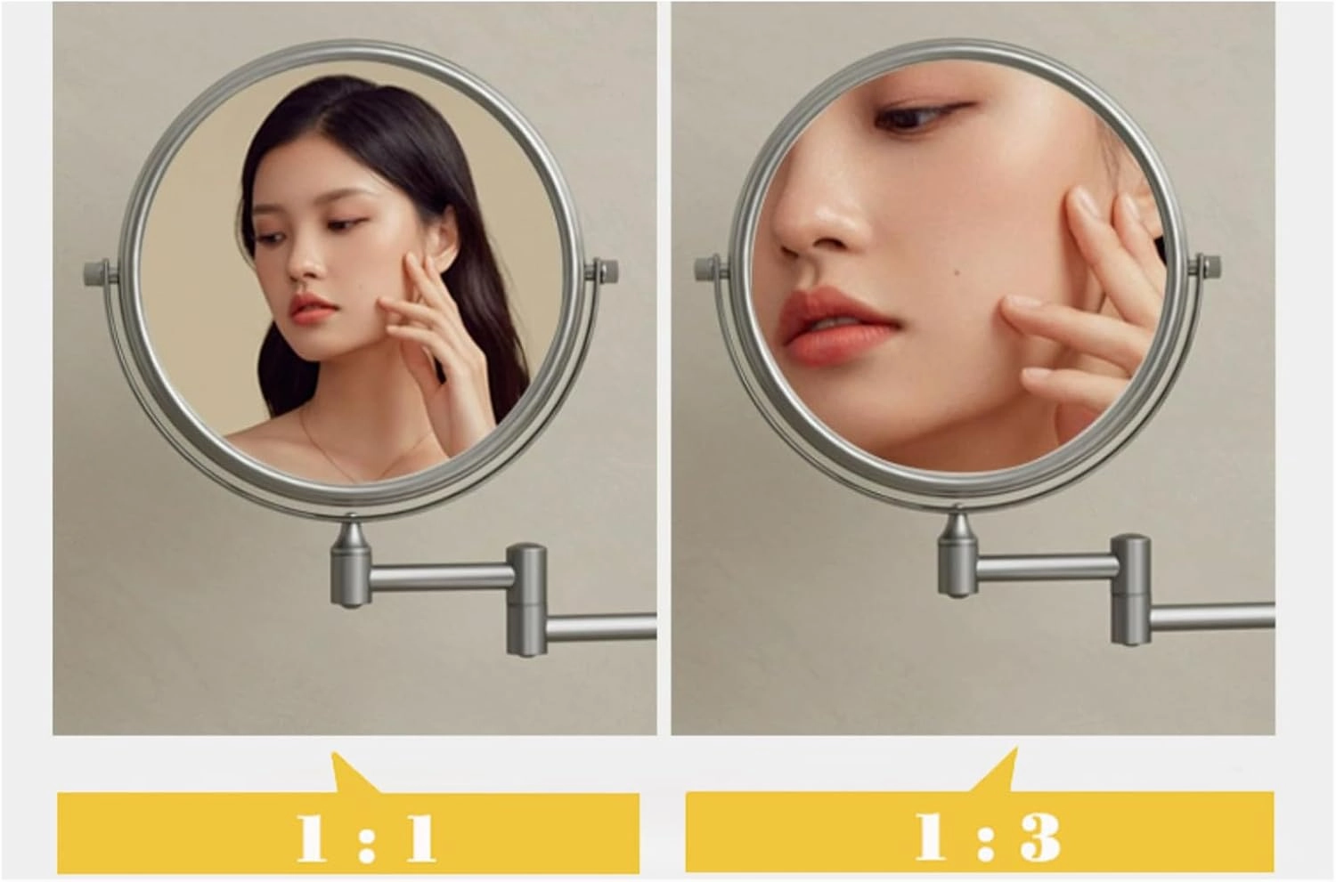 8 Inch Dual Sided Wall Mounted Makeup Vanity Mirror with 1X/3X Magnification, Gun Gray Aluminum Adjustable HD Cosmetic Beauty Mirror, Swivel Shaving Mirror for Bathroom Hotel,2Arm LED (3 Arm)