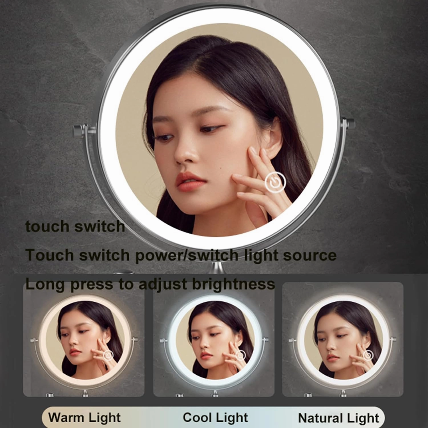 8 Inch Dual Sided Wall Mounted Makeup Vanity Mirror with 1X/3X Magnification, Gun Gray Aluminum Adjustable HD Cosmetic Beauty Mirror, Swivel Shaving Mirror for Bathroom Hotel,2Arm LED (3 Arm)
