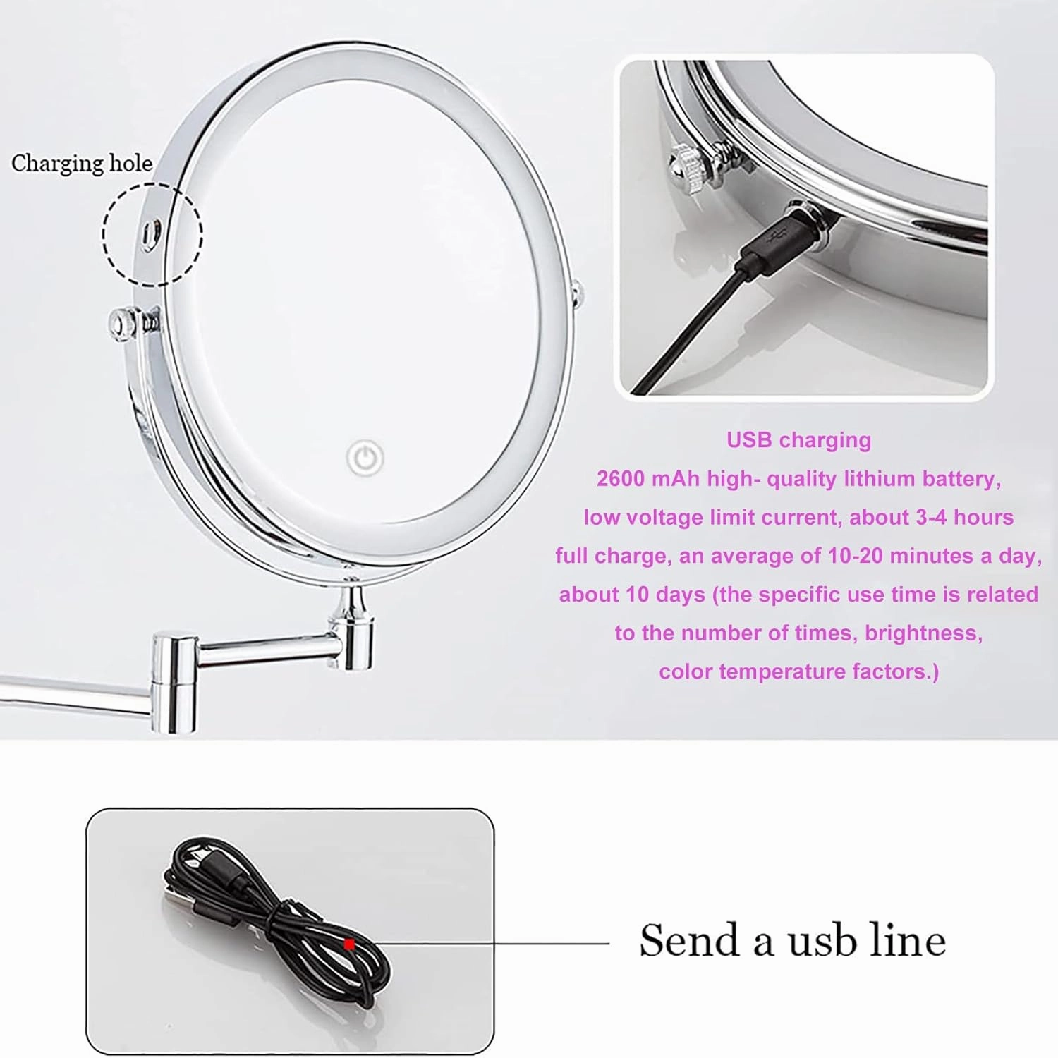 8 Inch Dual Sided Wall Mounted Makeup Vanity Mirror with 1X/3X Magnification, Gun Gray Aluminum Adjustable HD Cosmetic Beauty Mirror, Swivel Shaving Mirror for Bathroom Hotel,2Arm LED (3 Arm)