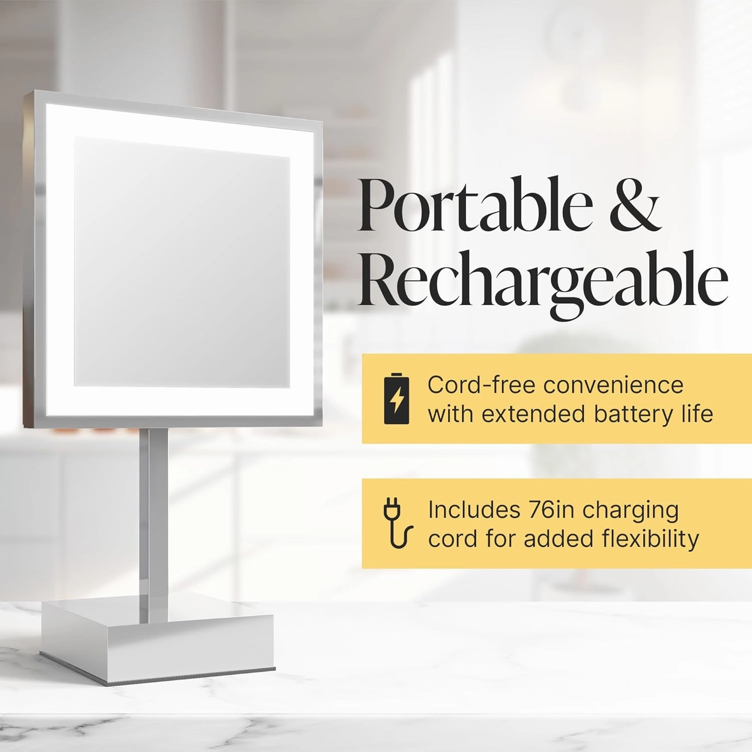 8" LED Square Mirror - 3X Magnification | Free Standing, Rechargeable - Cool Light | Makeup Mirror for Vanity, Bedroom, Bathroom | Illuminated & Portable LED Vanity Mirror (Chrome)
