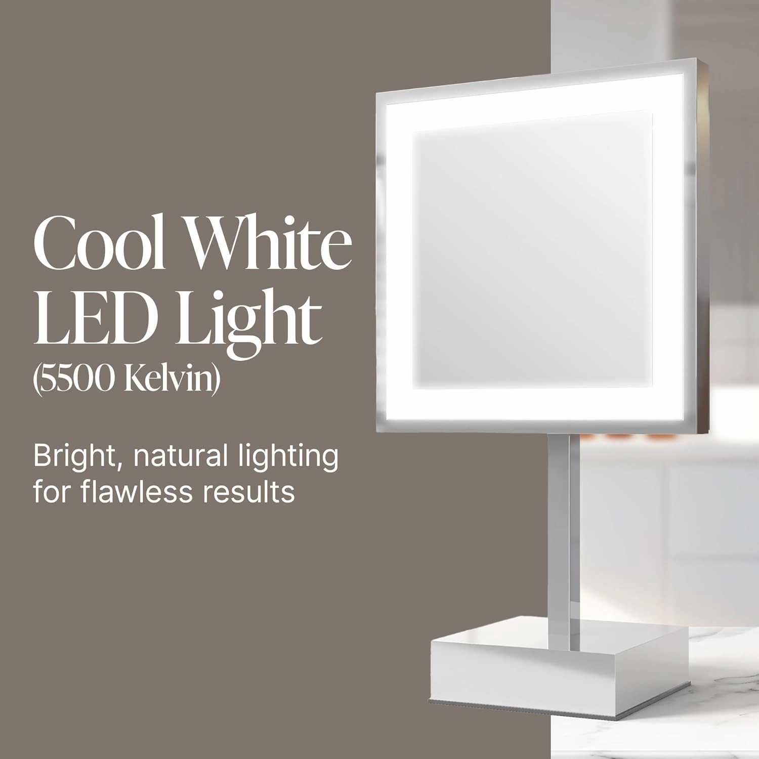 8" LED Square Mirror - 3X Magnification | Free Standing, Rechargeable - Cool Light | Makeup Mirror for Vanity, Bedroom, Bathroom | Illuminated & Portable LED Vanity Mirror (Chrome)