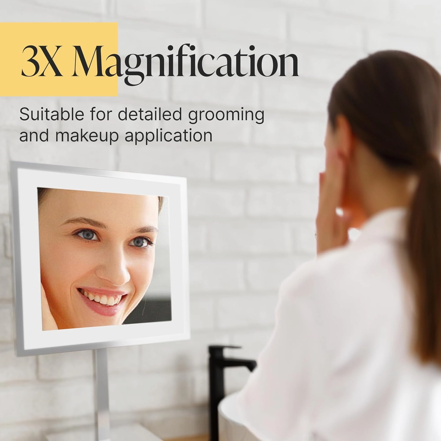 8" LED Square Mirror - 3X Magnification | Free Standing, Rechargeable - Cool Light | Makeup Mirror for Vanity, Bedroom, Bathroom | Illuminated & Portable LED Vanity Mirror (Chrome)